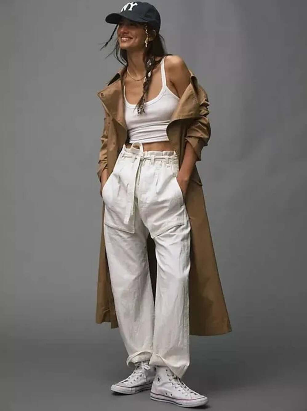 Free People Sky Rider Straight-Leg Ecru Paperbag Waist Pants Large - Picture 5 of 15